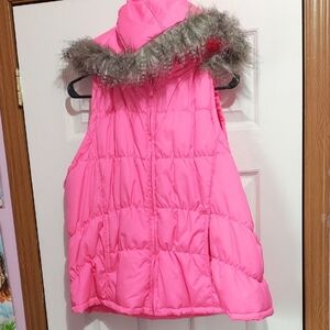 Deb Bright Pink Quilted Puffer Vest with Faux Fur Trim Hood